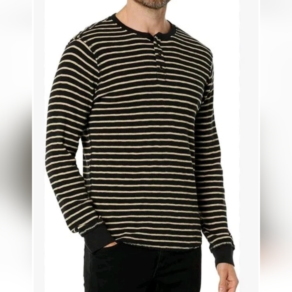 Black With White Striped Men's Shirt Henley Wanzer long sleeve 8x 8xl